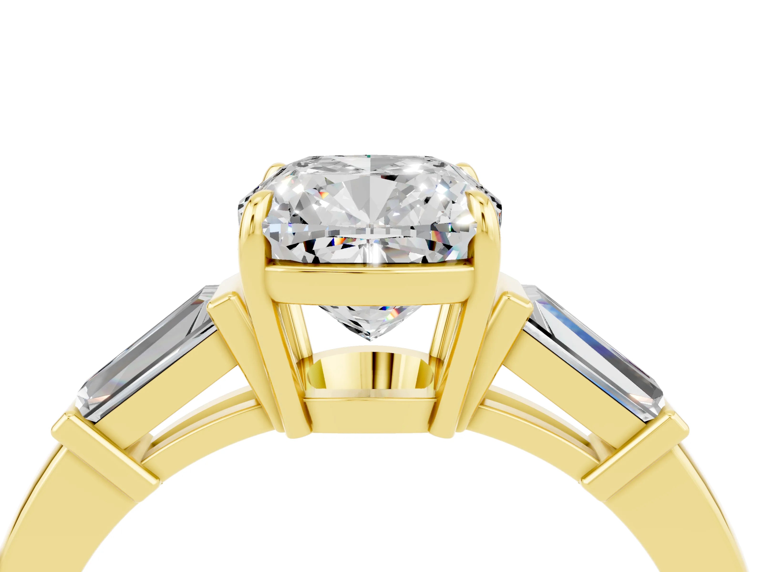 Yellow gold Cushion Cut Cut Diamond Ring with Tapered Baguette Side Stones in Four-Prong Setting_4