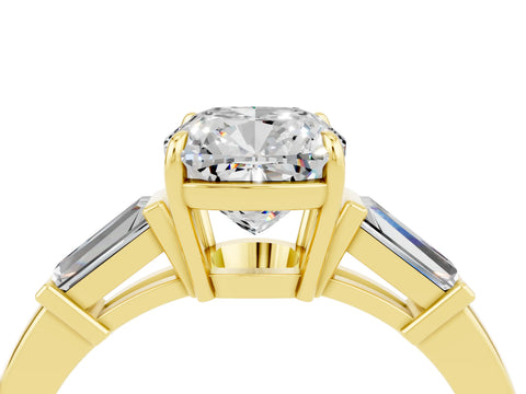 Yellow gold Cushion Cut Cut Diamond Ring with Tapered Baguette Side Stones in Four-Prong Setting_4