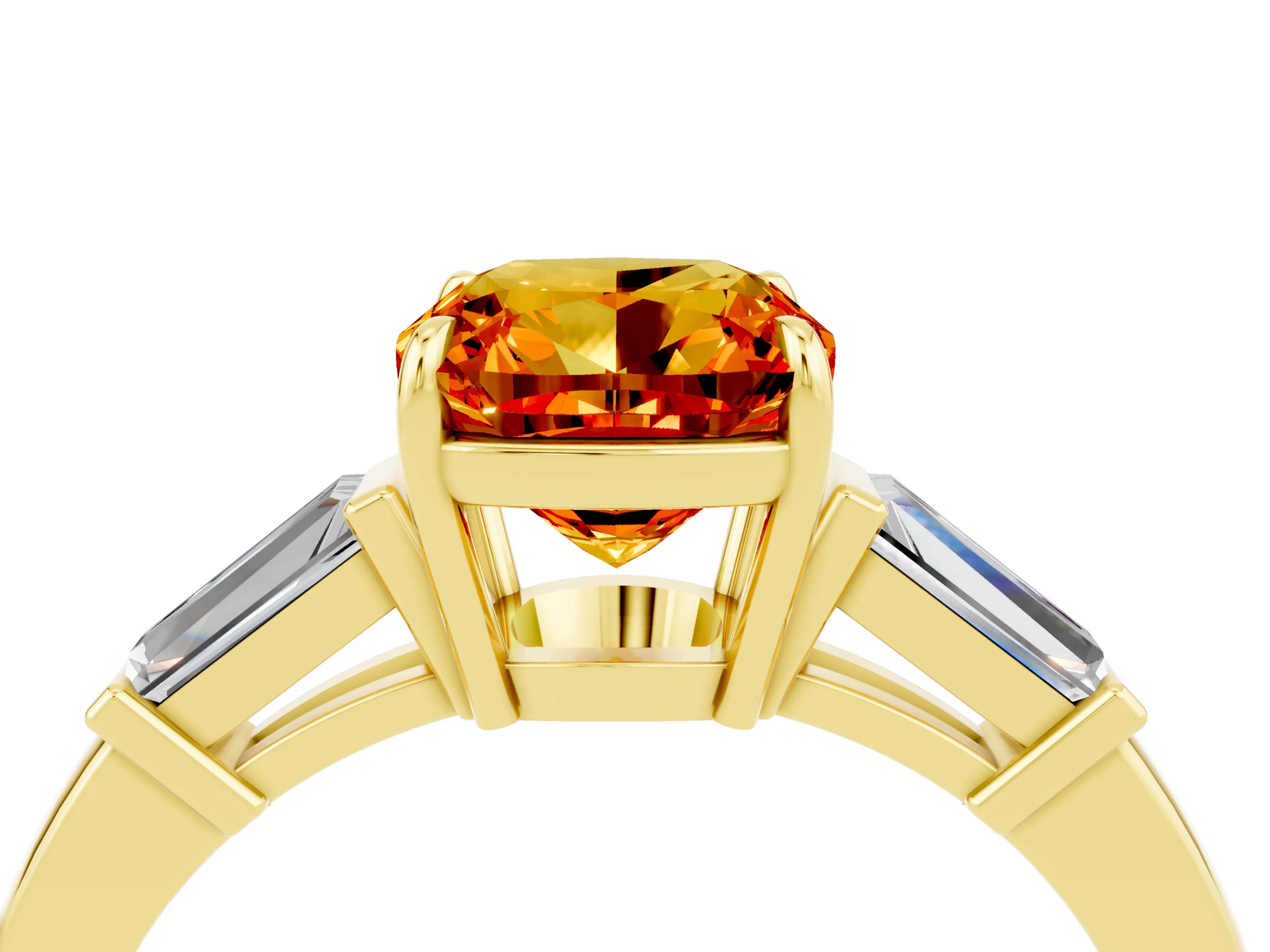 Yellow gold Cushion Cut Cut Diamond Ring with Tapered Baguette Side Stones in Four-Prong Setting_4