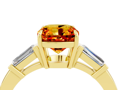 Yellow gold Cushion Cut Cut Diamond Ring with Tapered Baguette Side Stones in Four-Prong Setting_4