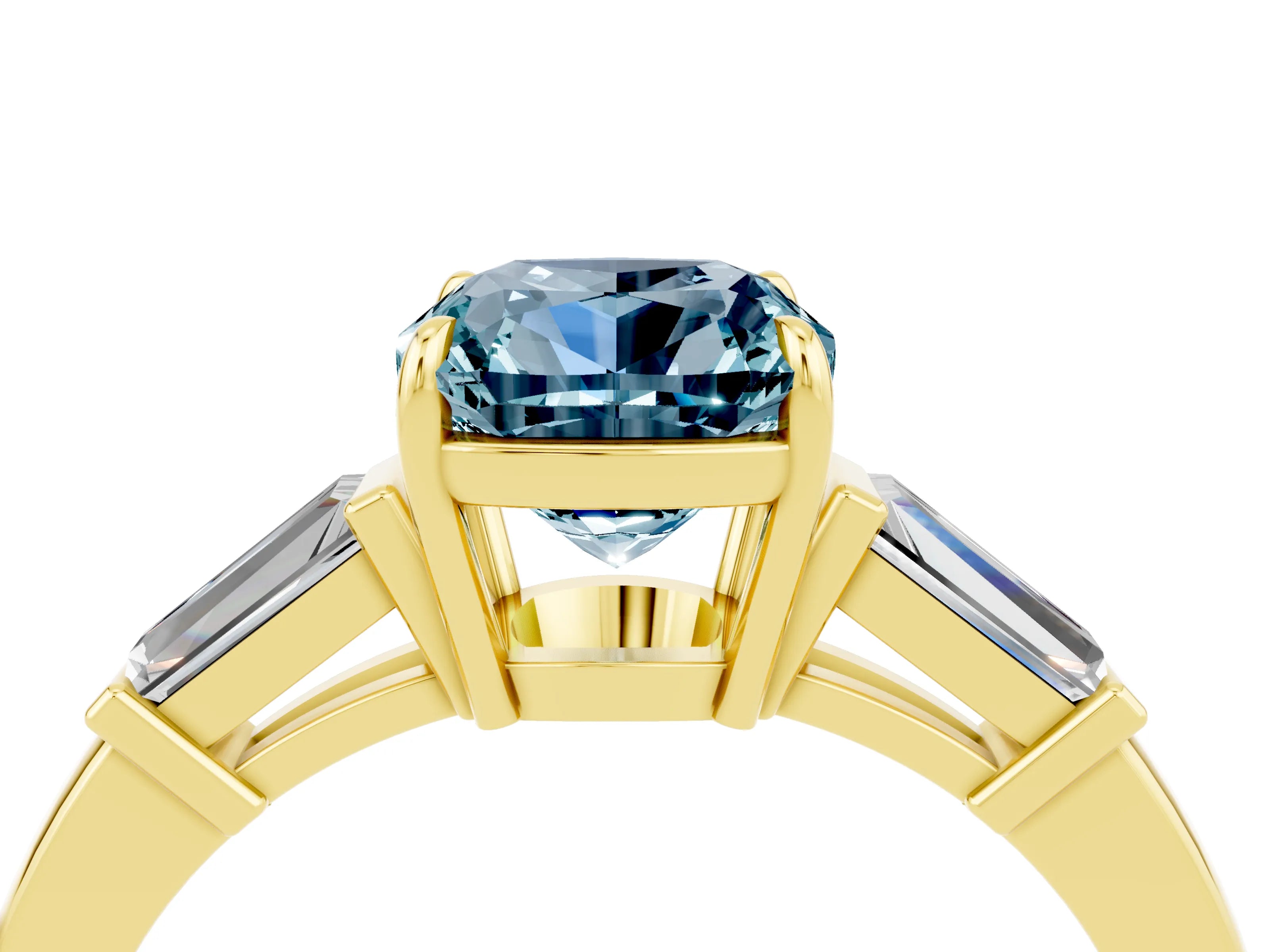 Yellow gold Cushion Cut Cut Diamond Ring with Tapered Baguette Side Stones in Four-Prong Setting_4