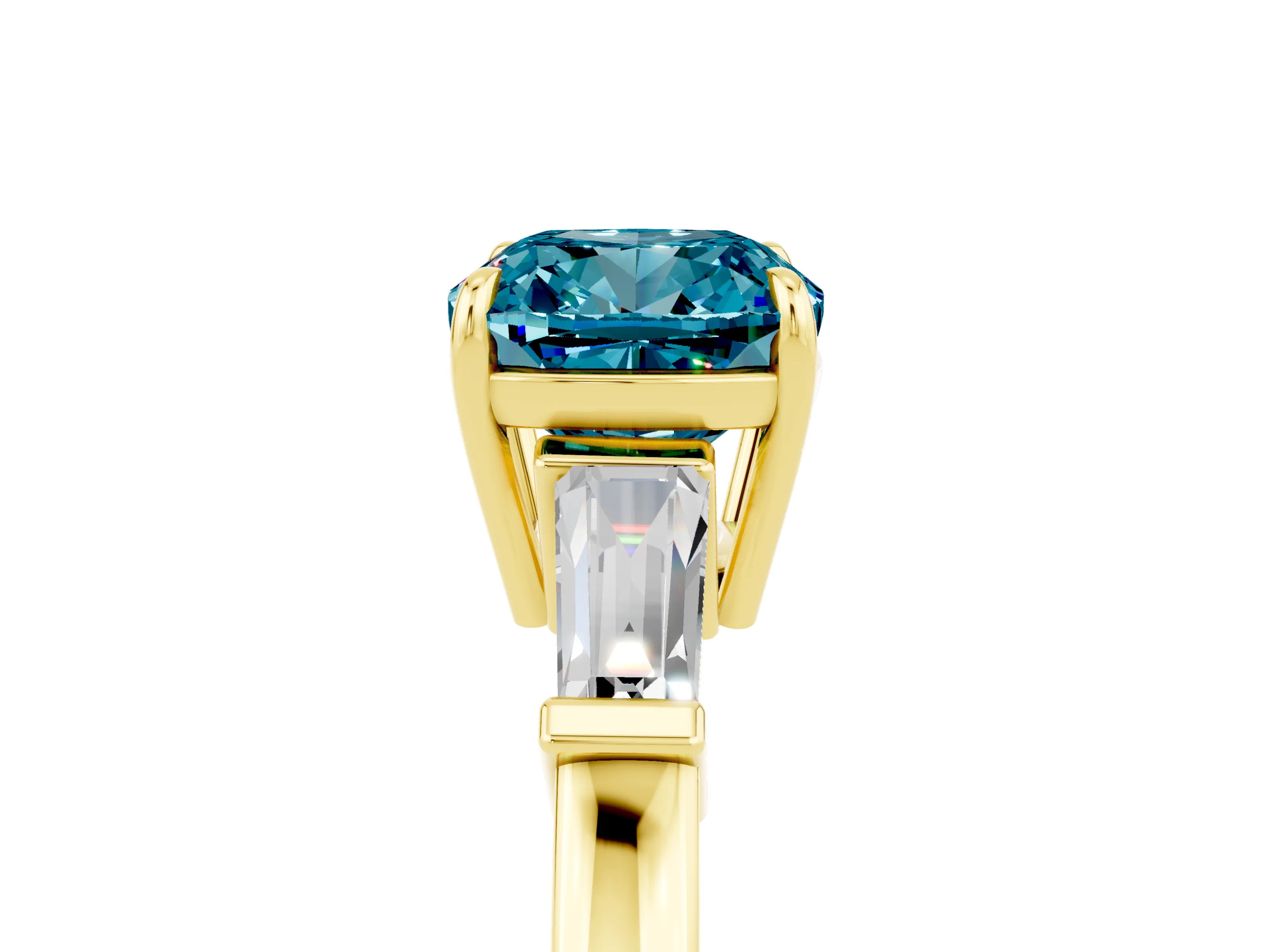 Yellow gold Cushion Cut Cut Diamond Ring with Tapered Baguette Side Stones in Four-Prong Setting_5