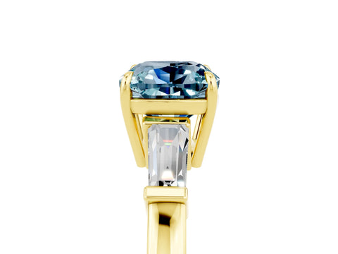 Yellow gold Cushion Cut Cut Diamond Ring with Tapered Baguette Side Stones in Four-Prong Setting_5