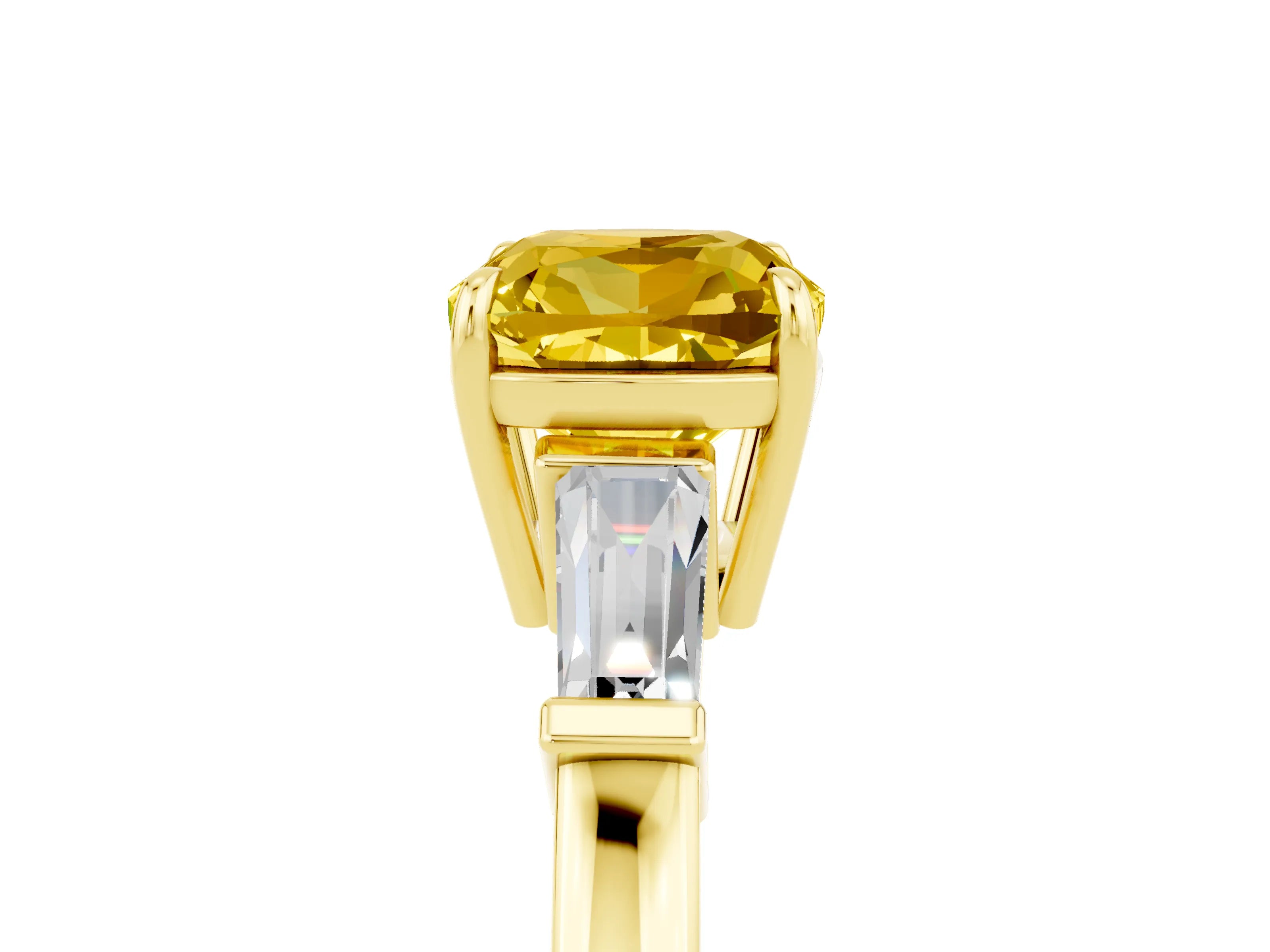 Yellow gold Cushion Cut Cut Diamond Ring with Tapered Baguette Side Stones in Four-Prong Setting_5