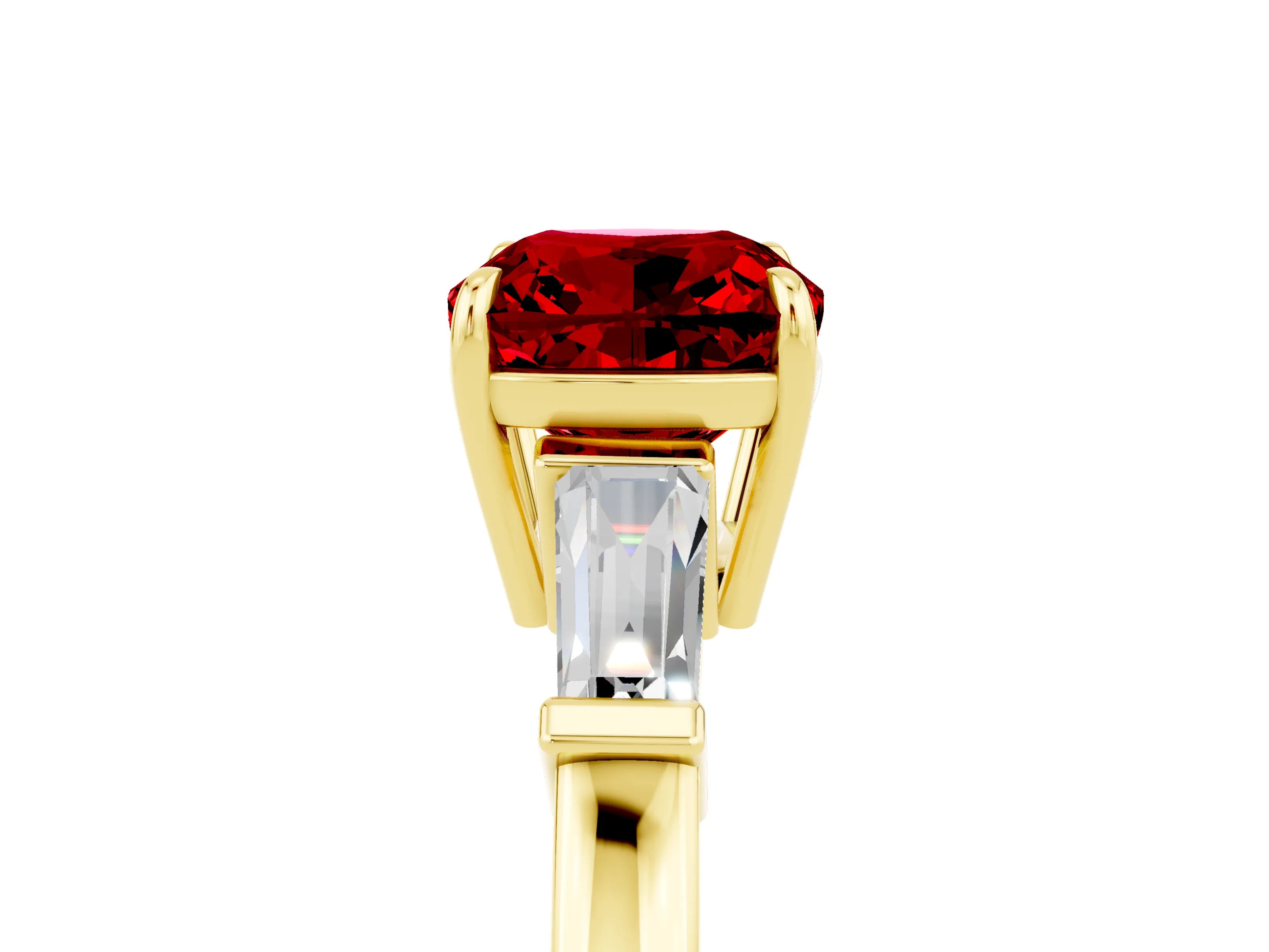 Yellow gold Cushion Cut Cut Diamond Ring with Tapered Baguette Side Stones in Four-Prong Setting_5