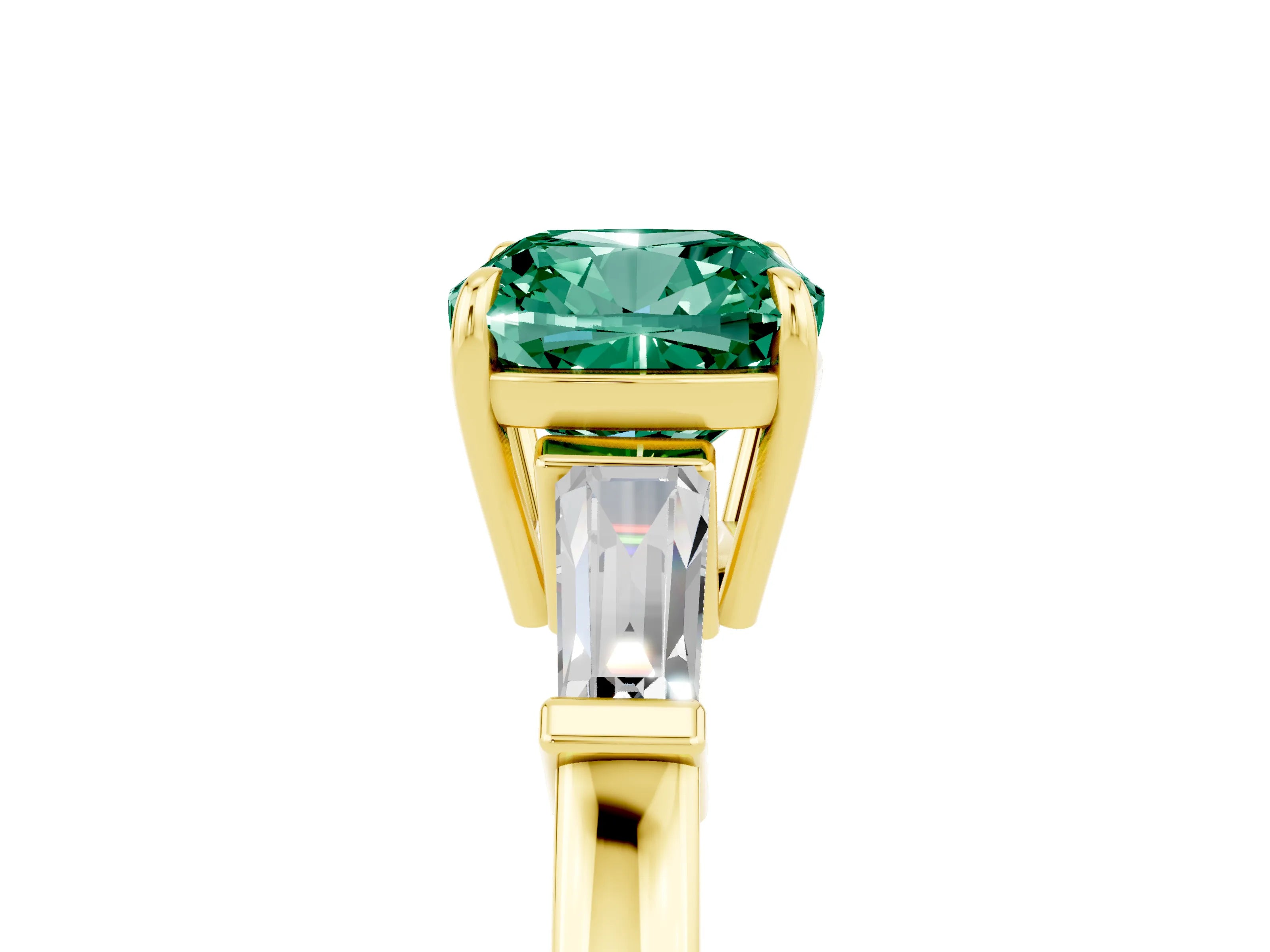 Yellow gold Cushion Cut Cut Diamond Ring with Tapered Baguette Side Stones in Four-Prong Setting_5