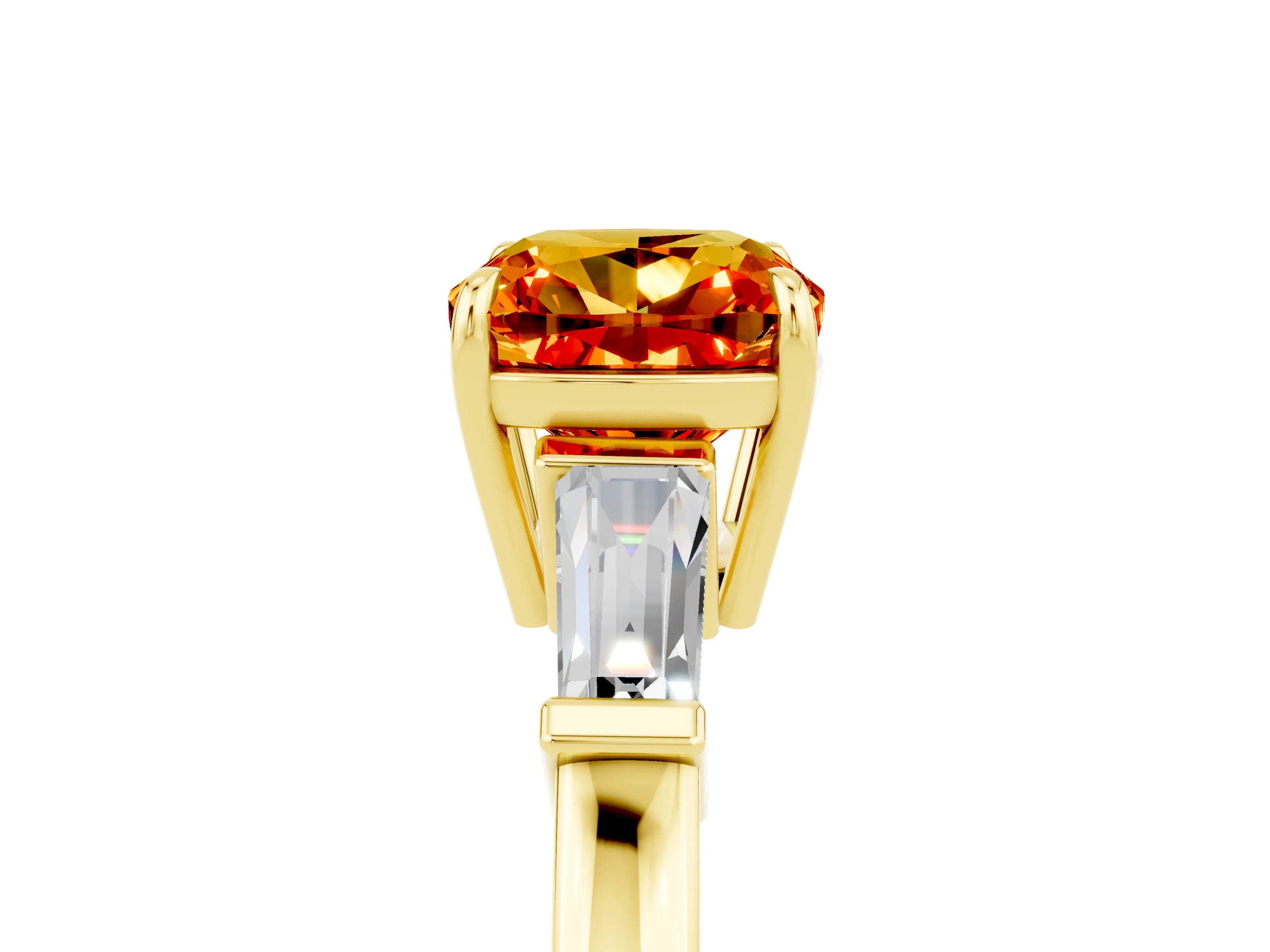 Yellow gold Cushion Cut Cut Diamond Ring with Tapered Baguette Side Stones in Four-Prong Setting_5