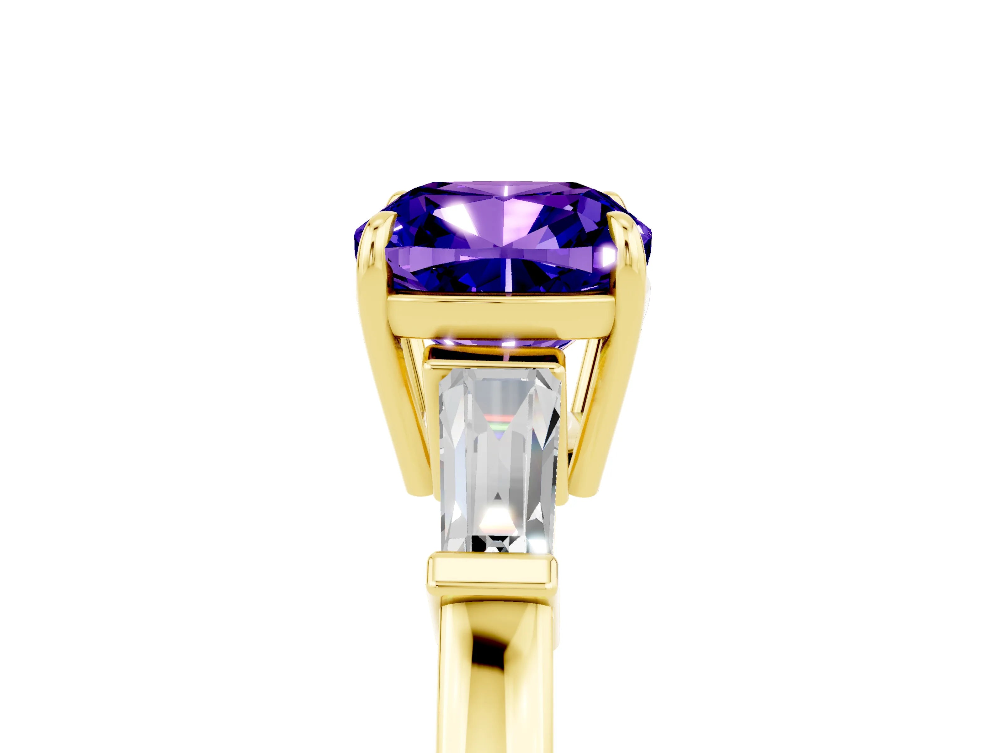 Yellow gold Cushion Cut Cut Diamond Ring with Tapered Baguette Side Stones in Four-Prong Setting_5