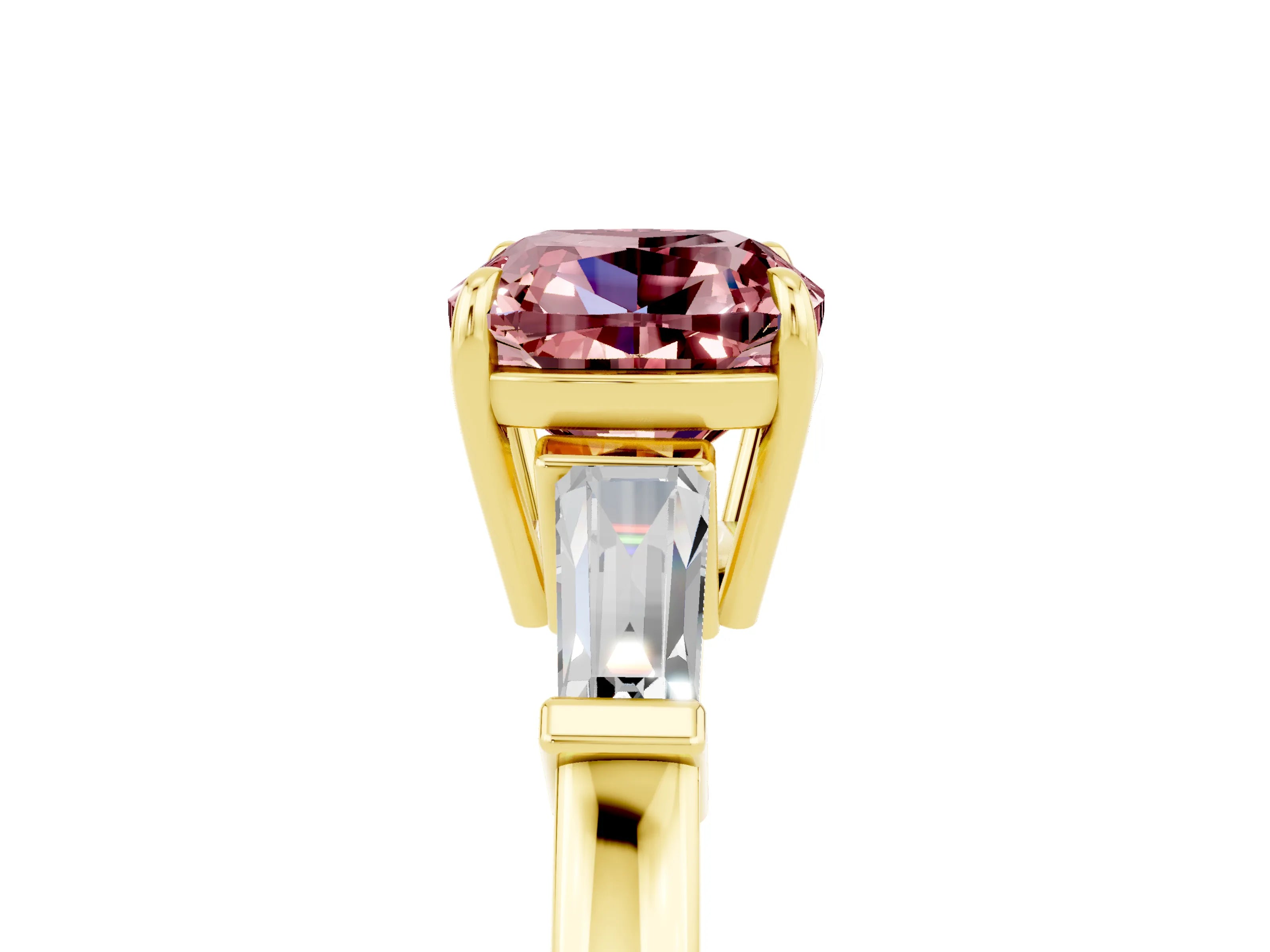 Yellow gold Cushion Cut Cut Diamond Ring with Tapered Baguette Side Stones in Four-Prong Setting_5