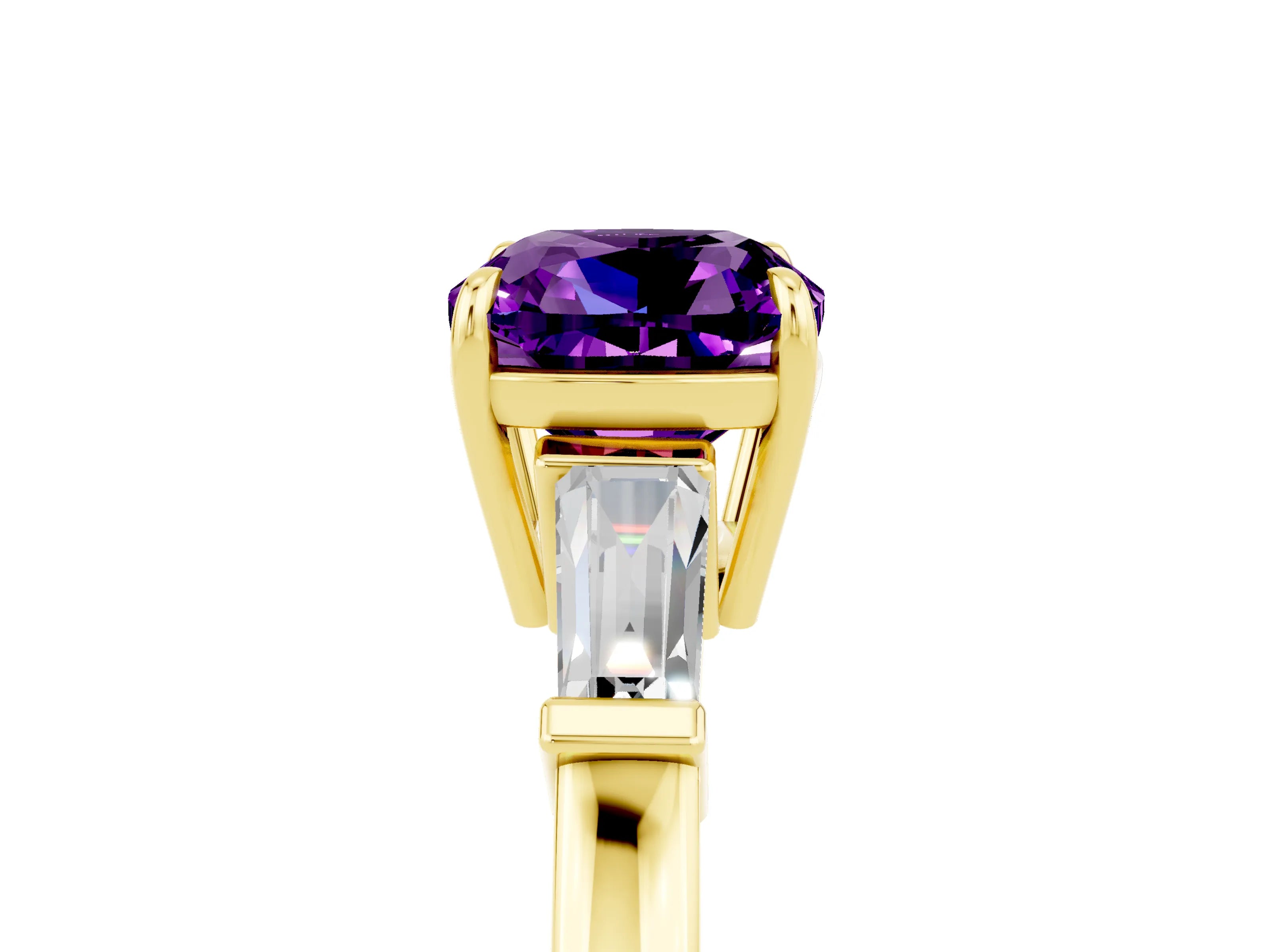 Yellow gold Cushion Cut Cut Diamond Ring with Tapered Baguette Side Stones in Four-Prong Setting_5