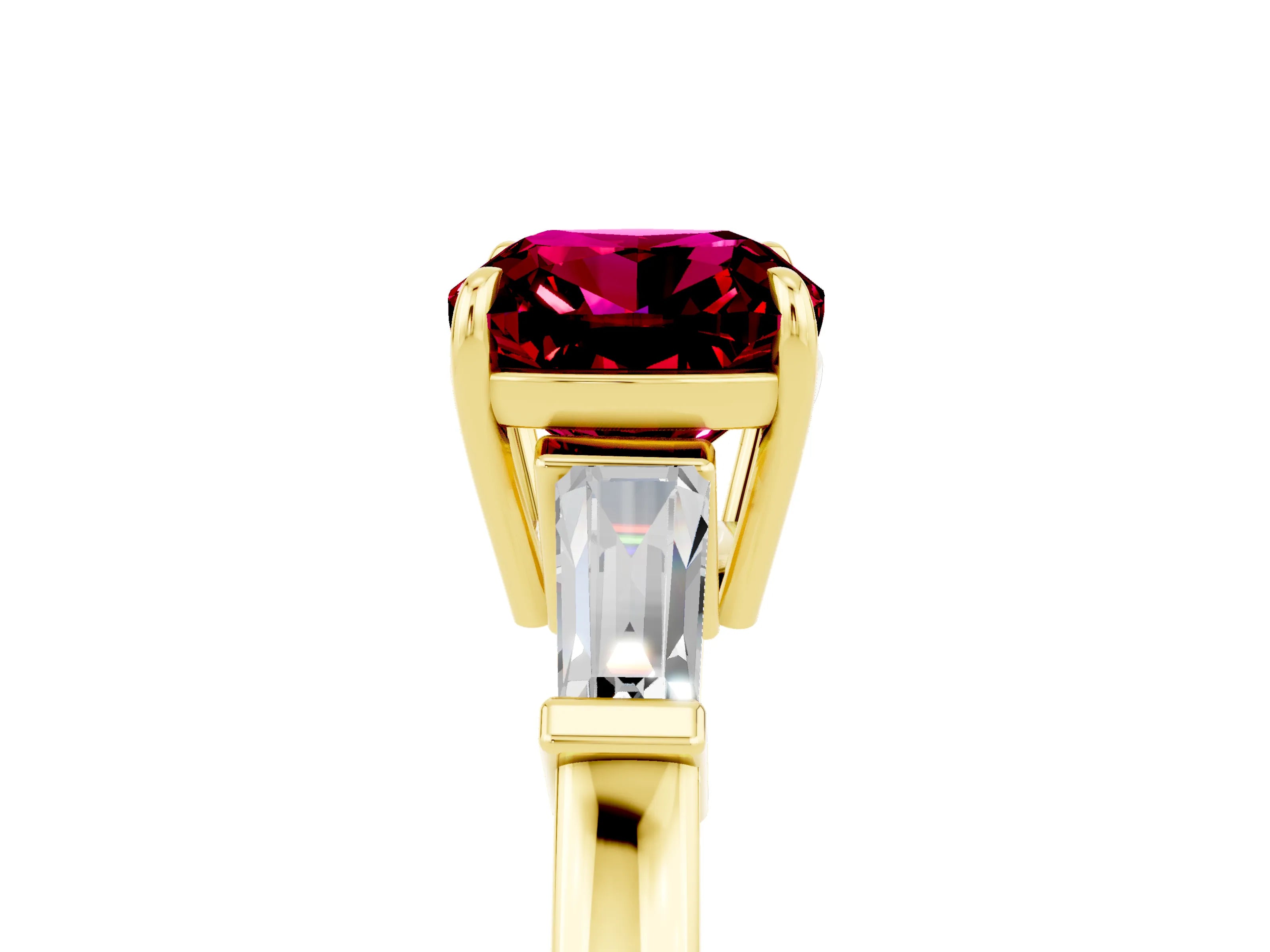 Yellow gold Cushion Cut Cut Diamond Ring with Tapered Baguette Side Stones in Four-Prong Setting_5