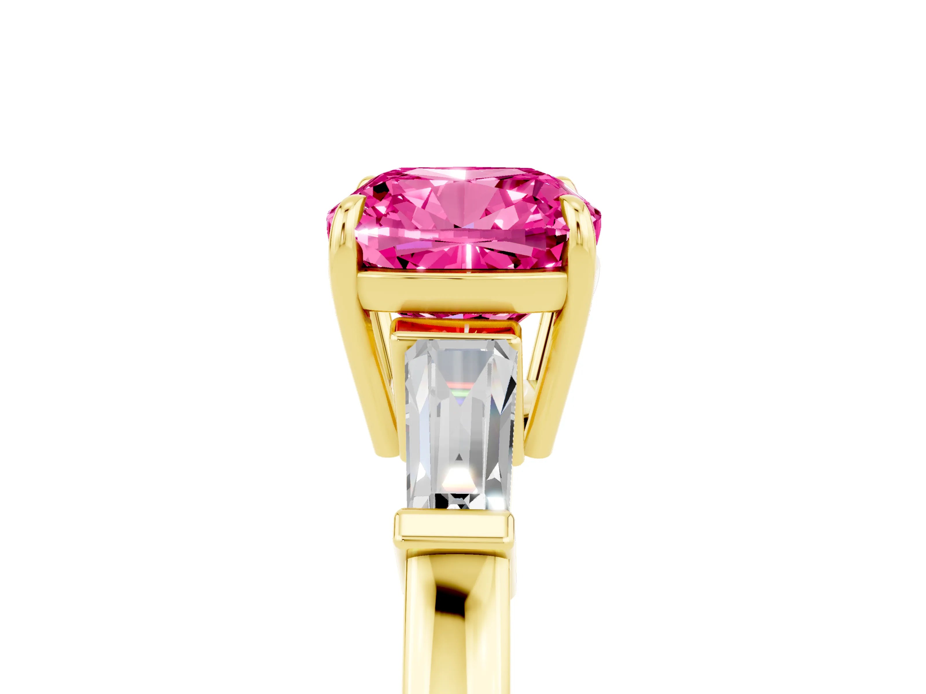 Yellow gold Cushion Cut Cut Diamond Ring with Tapered Baguette Side Stones in Four-Prong Setting_5