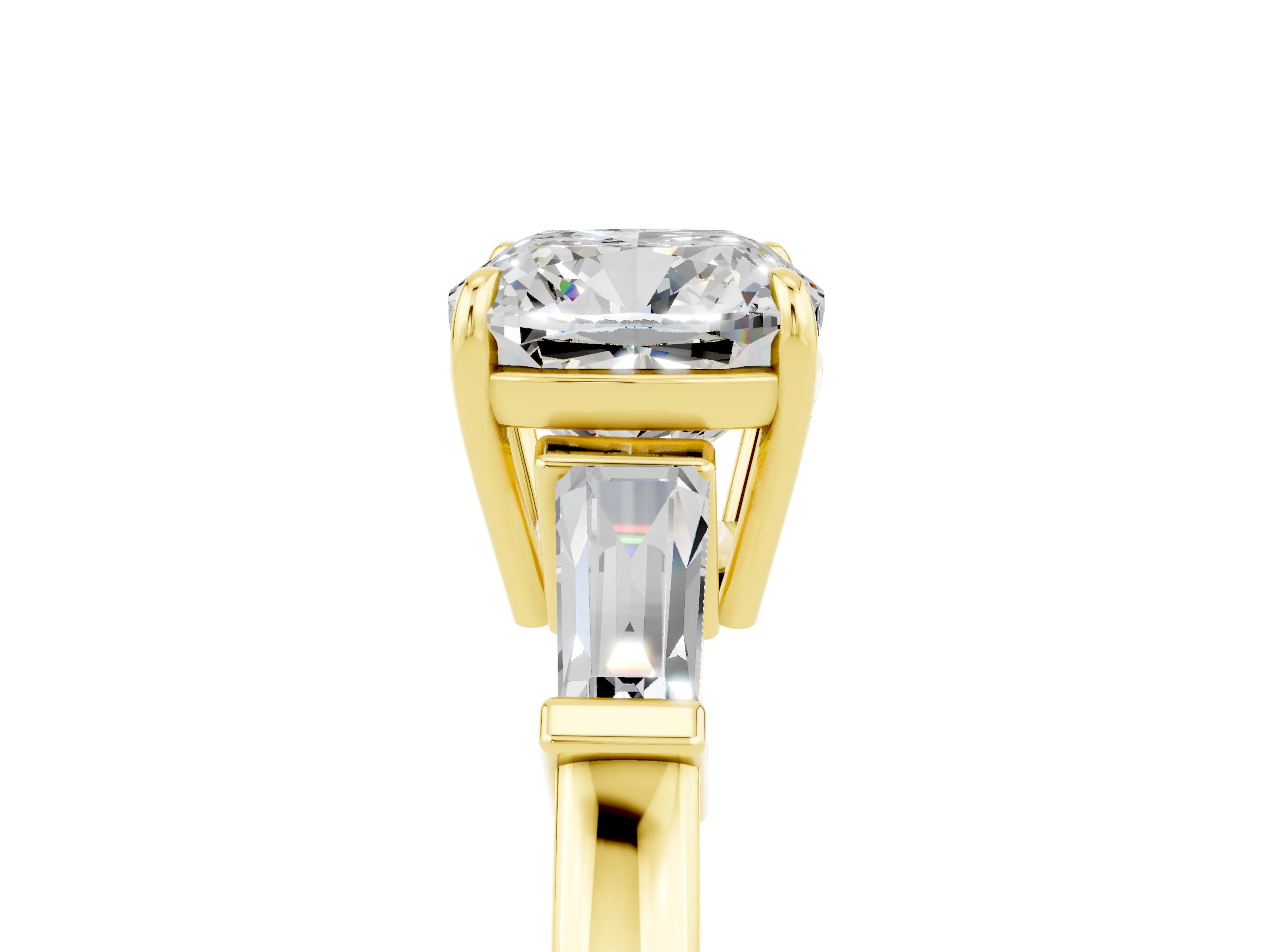 Yellow gold Cushion Cut Cut Diamond Ring with Tapered Baguette Side Stones in Four-Prong Setting_5