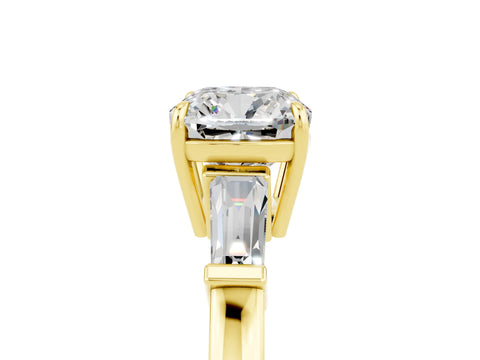 Yellow gold Cushion Cut Cut Diamond Ring with Tapered Baguette Side Stones in Four-Prong Setting_5