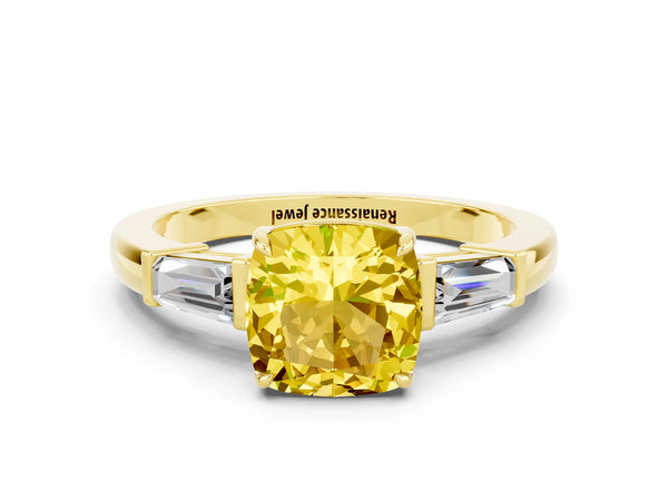 Yellow gold Cushion Cut Yellow Sapphire Three-Stone Ring with Tapered Baguette Side Stones and Prong Setting