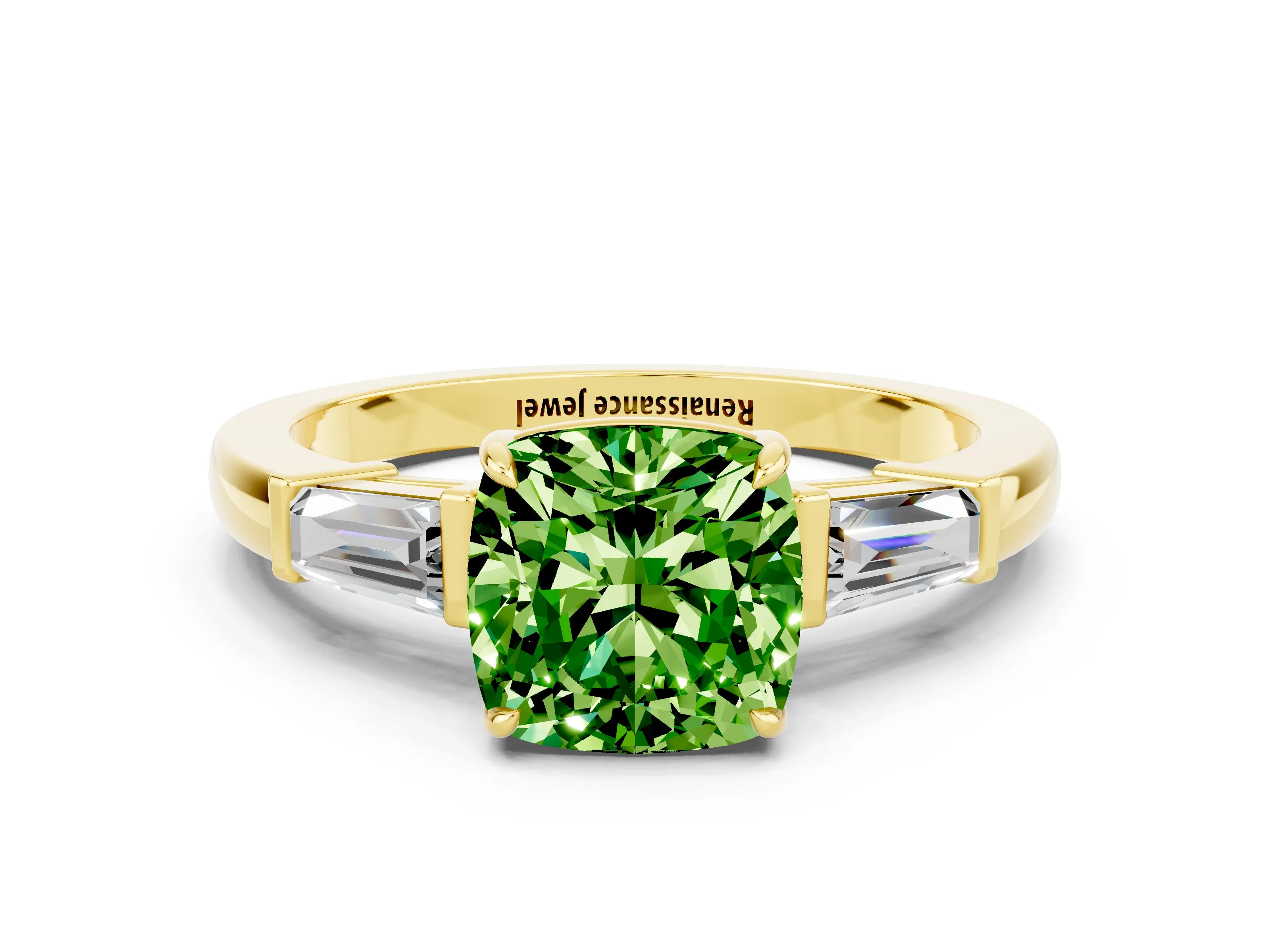 Yellow gold Cushion Cut Cut Diamond Ring with Tapered Baguette Side Stones in Four-Prong Setting