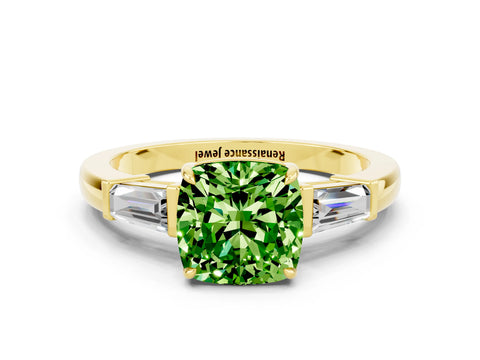 Yellow gold Cushion Cut Cut Diamond Ring with Tapered Baguette Side Stones in Four-Prong Setting