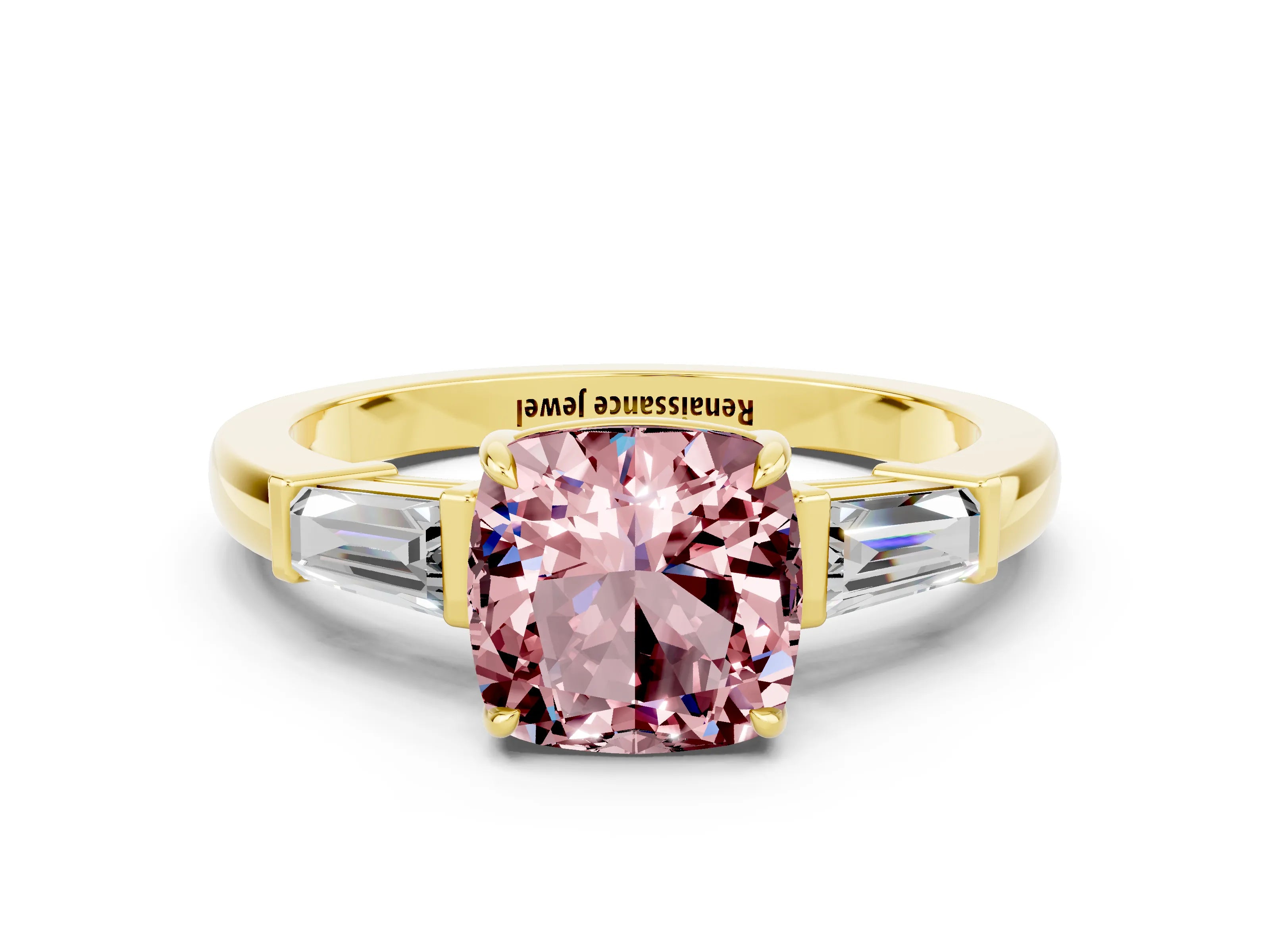 Yellow gold Cushion Cut Cut Diamond Ring with Tapered Baguette Side Stones in Four-Prong Setting