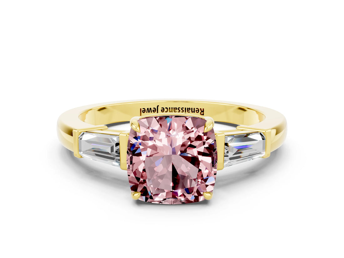 Yellow gold Cushion Cut Cut Diamond Ring with Tapered Baguette Side Stones in Four-Prong Setting