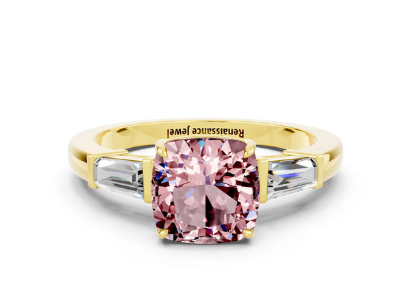 Yellow gold Cushion Cut Cut Diamond Ring with Tapered Baguette Side Stones in Four-Prong Setting