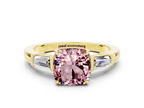 Yellow gold Cushion Cut Cut Diamond Ring with Tapered Baguette Side Stones in Four-Prong Setting