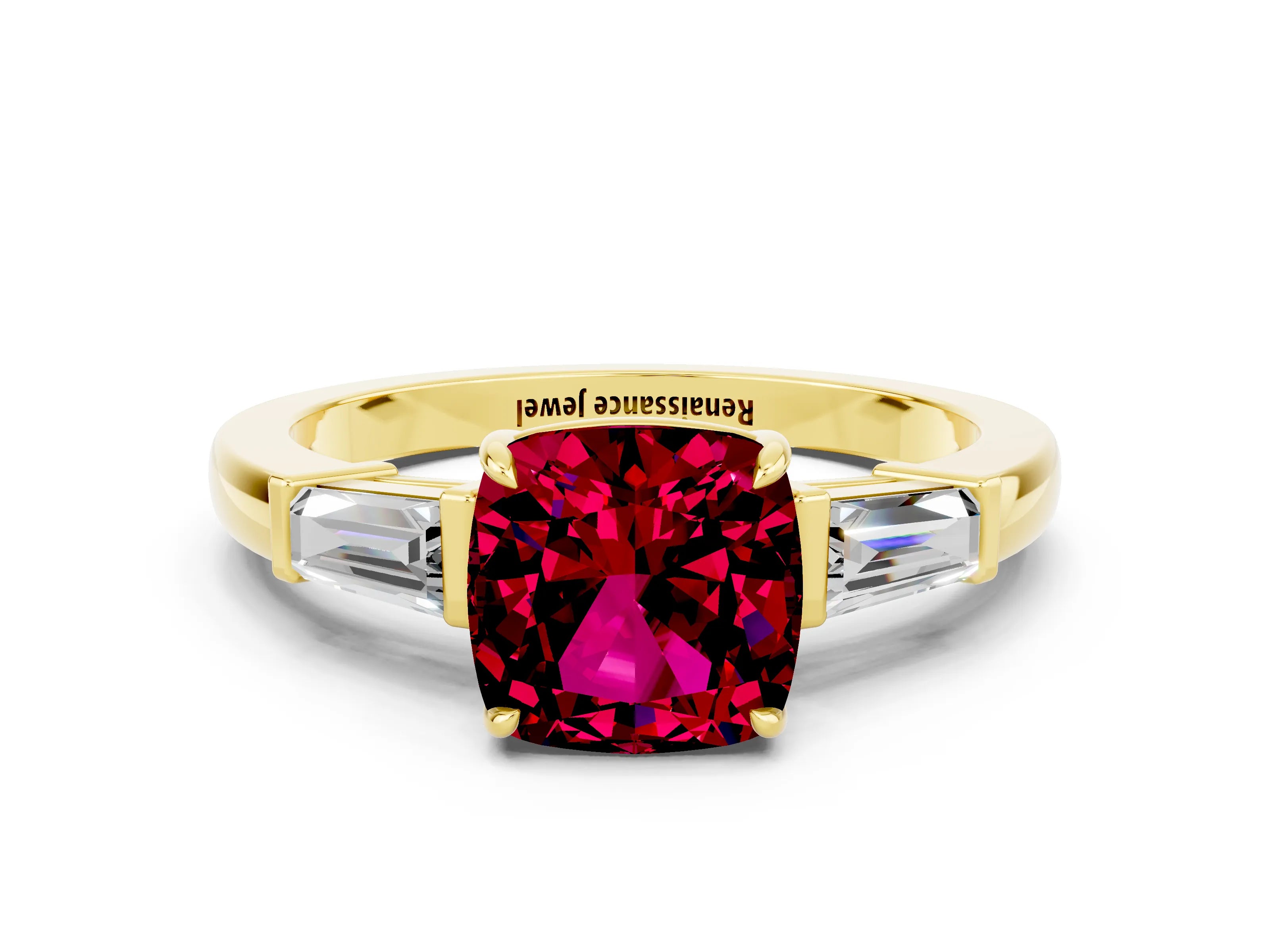 Yellow gold Cushion Cut Cut Diamond Ring with Tapered Baguette Side Stones in Four-Prong Setting