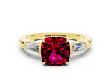 Yellow gold Cushion Cut Cut Diamond Ring with Tapered Baguette Side Stones in Four-Prong Setting