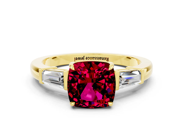 Yellow gold Cushion Cut Garnet Three-Stone Ring with Tapered Baguette Side Stones and Prong Setting