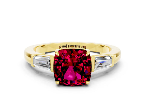 Yellow gold Cushion Cut Cut Diamond Ring with Tapered Baguette Side Stones in Four-Prong Setting