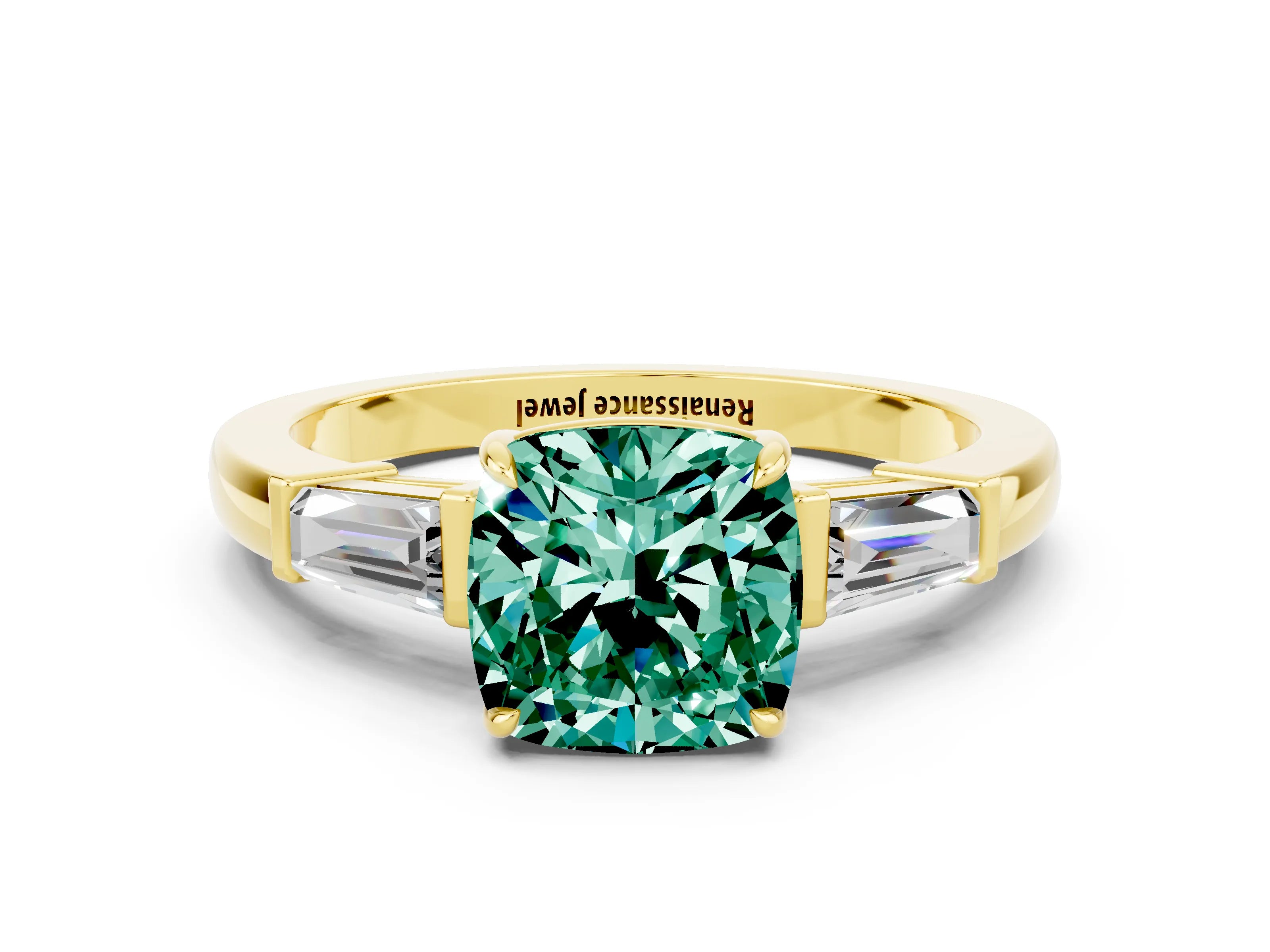 Yellow gold Cushion Cut Cut Diamond Ring with Tapered Baguette Side Stones in Four-Prong Setting