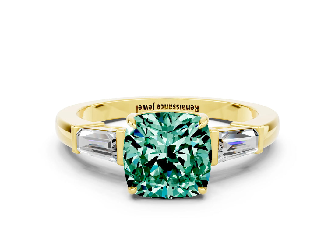 Yellow gold Cushion Cut Cut Diamond Ring with Tapered Baguette Side Stones in Four-Prong Setting