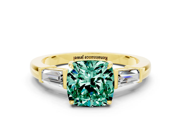 Yellow gold Cushion Cut Green Sapphire Three-Stone Ring with Tapered Baguette Side Stones and Prong Setting