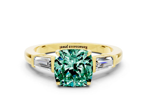 Yellow gold Cushion Cut Cut Diamond Ring with Tapered Baguette Side Stones in Four-Prong Setting