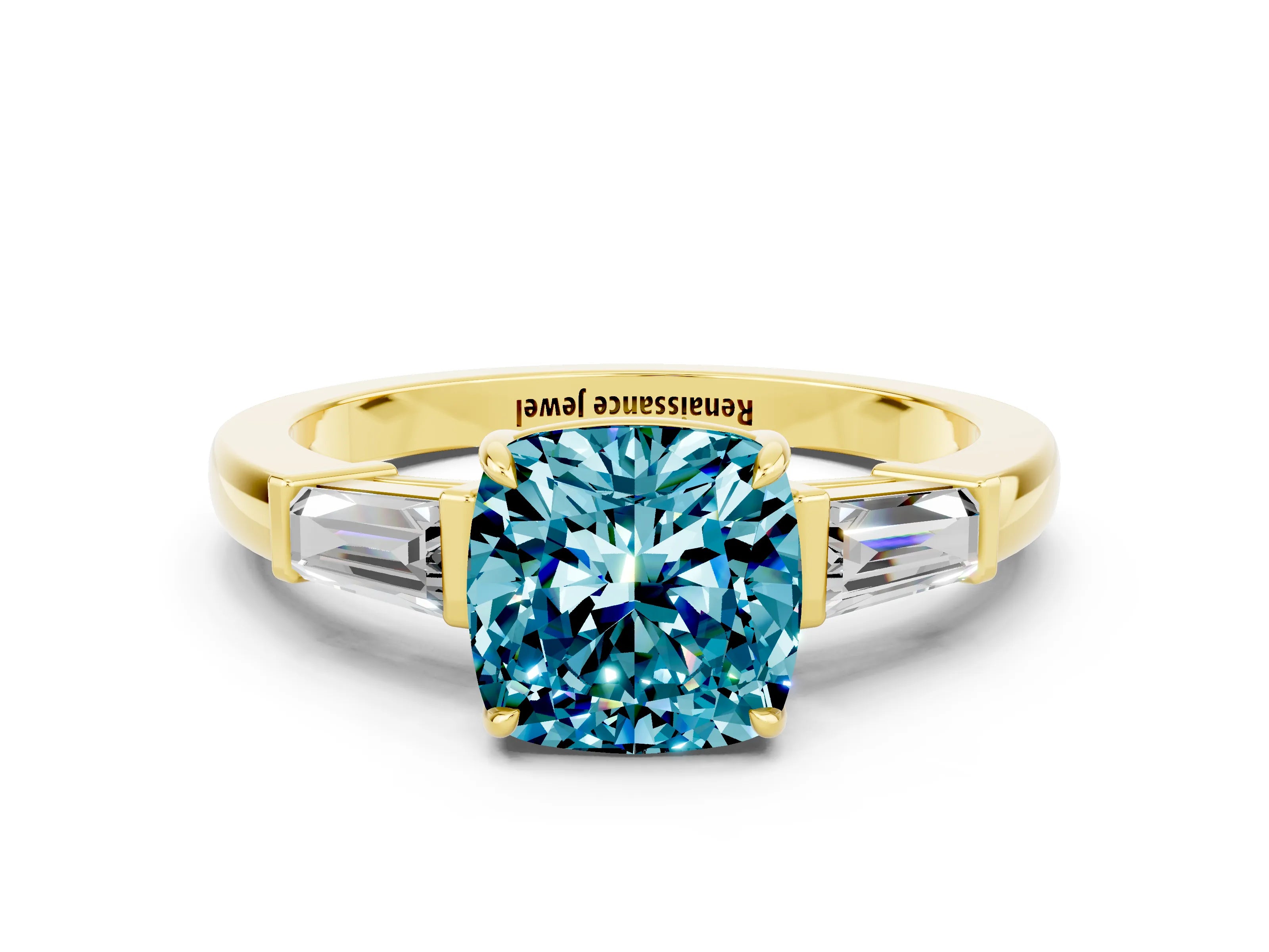 Yellow gold Cushion Cut Cut Diamond Ring with Tapered Baguette Side Stones in Four-Prong Setting