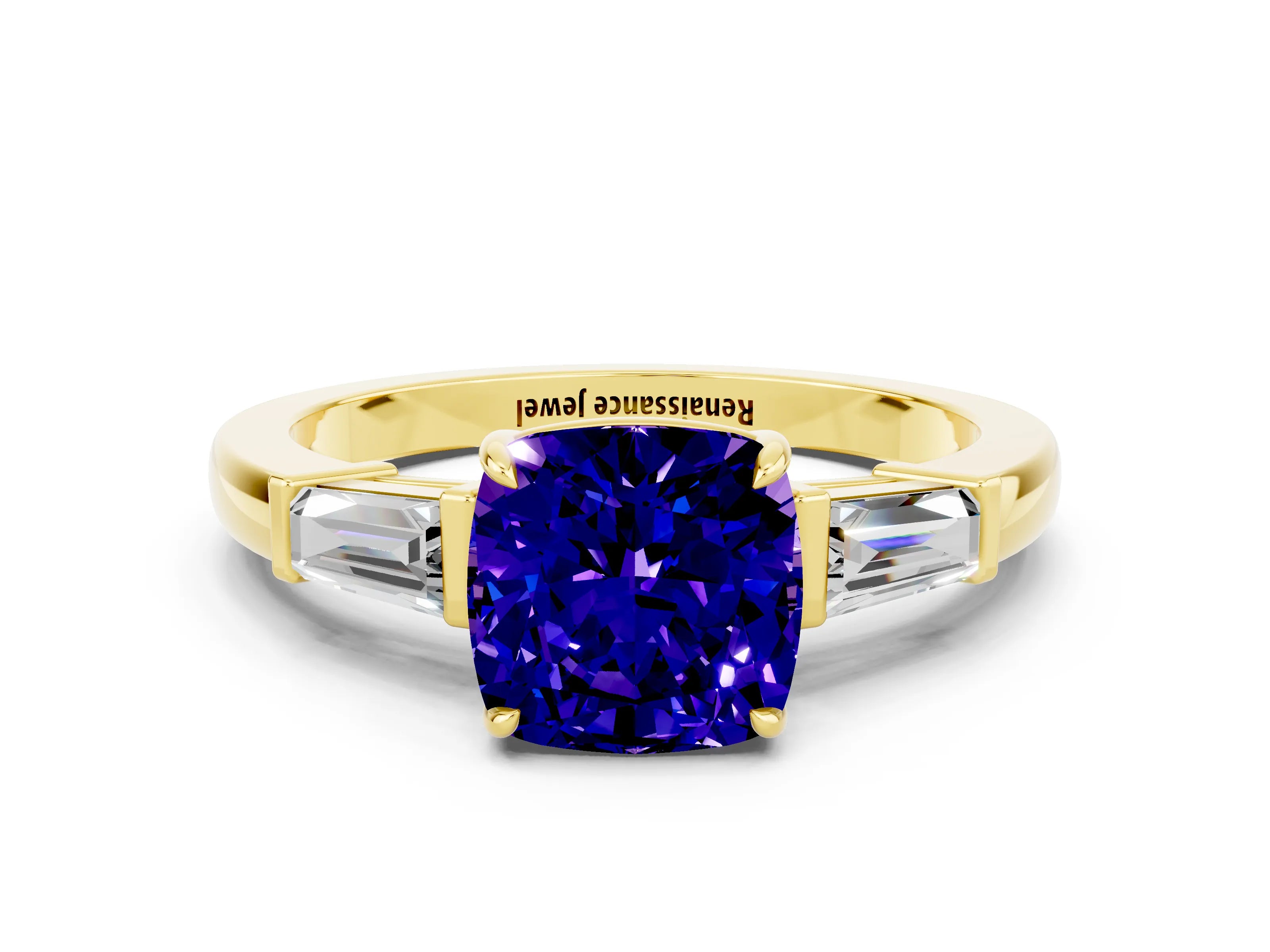 Yellow gold Cushion Cut Cut Diamond Ring with Tapered Baguette Side Stones in Four-Prong Setting