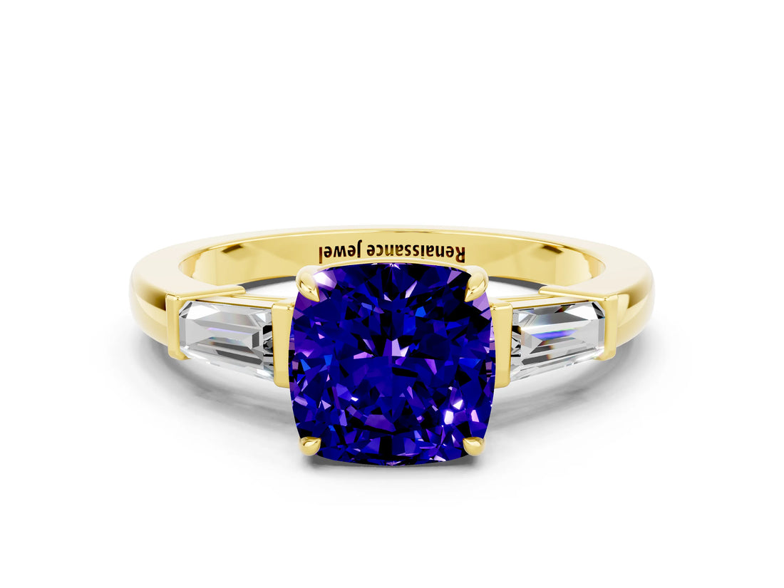 Yellow gold Cushion Cut Cut Diamond Ring with Tapered Baguette Side Stones in Four-Prong Setting