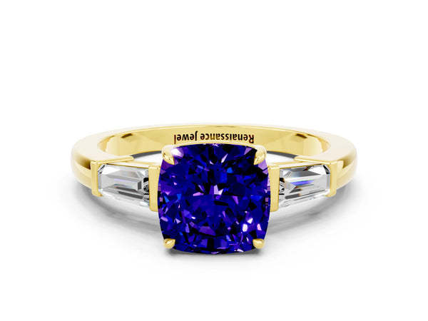 Yellow gold Cushion Cut Tanzanite Three-Stone Ring with Tapered Baguette Side Stones and Prong Setting