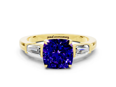 Yellow gold Cushion Cut Cut Diamond Ring with Tapered Baguette Side Stones in Four-Prong Setting