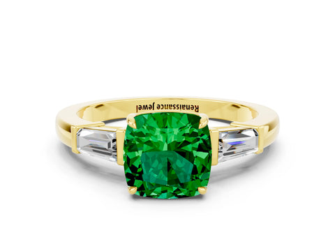 Yellow gold Cushion Cut Cut Diamond Ring with Tapered Baguette Side Stones in Four-Prong Setting