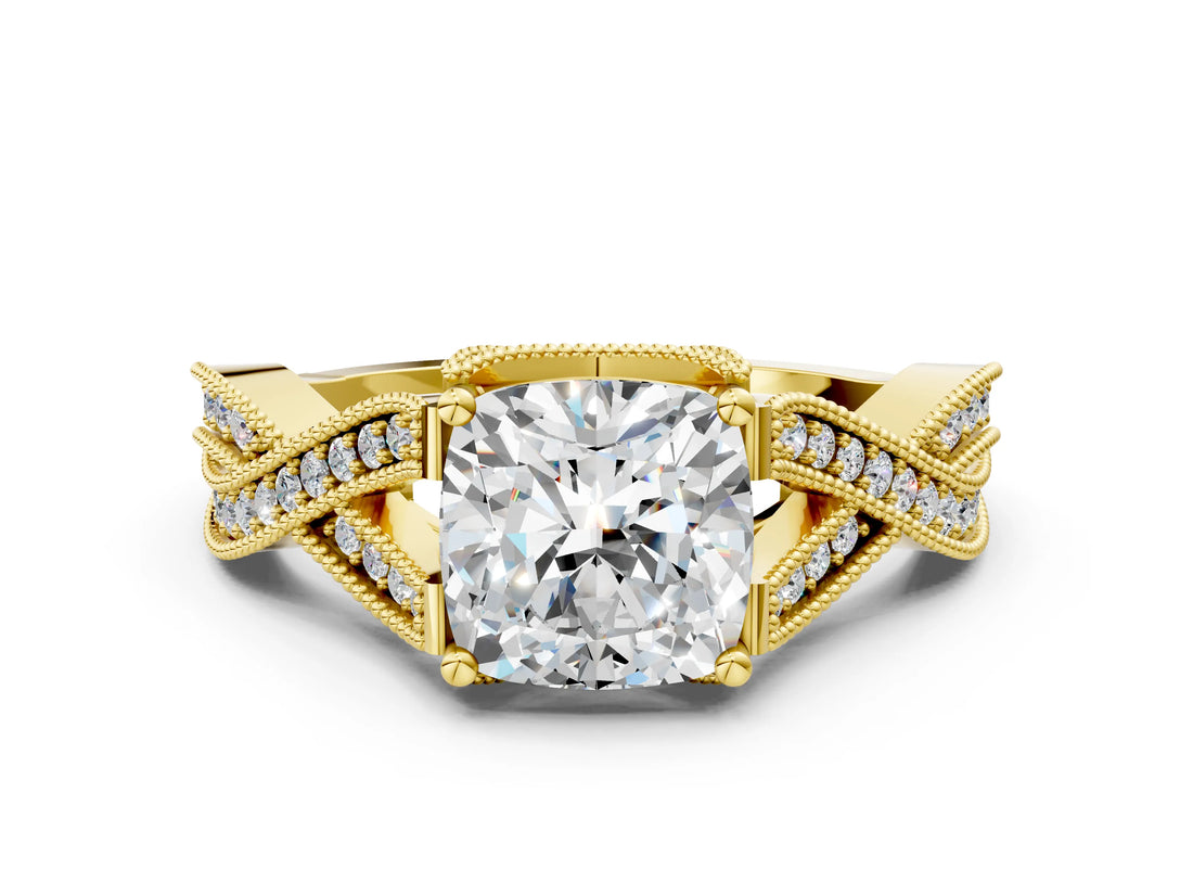 Yellow gold Cushion Cut Cut Diamond Twisted Band with Milgrain Pave Setting and Four-Prong Setting_6