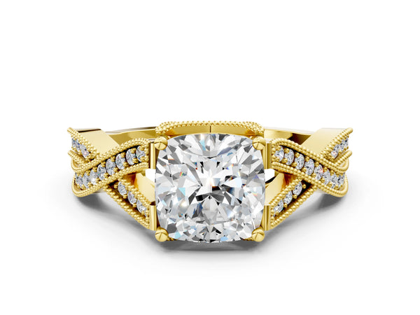 Yellow gold Cushion Cut Cut Diamond Twisted Band with Milgrain Pave Setting and Four-Prong Setting