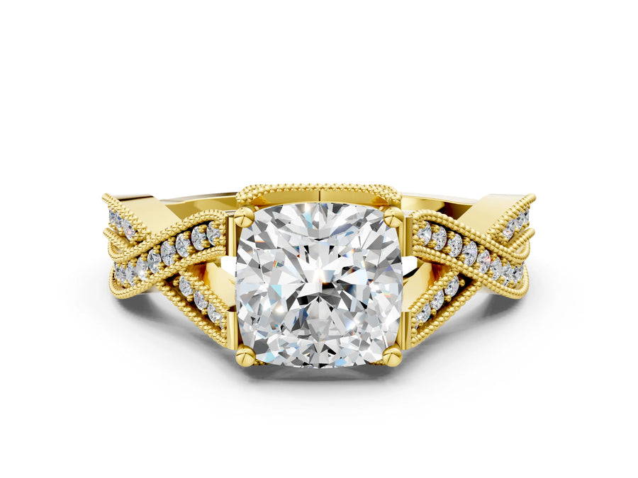 Yellow gold Cushion Cut Cut Diamond Twisted Band with Milgrain Pave Setting and Four-Prong Setting