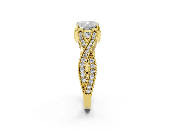 Yellow gold Cushion Cut Cut Diamond Twisted Band with Milgrain Pave Setting and Four-Prong Setting