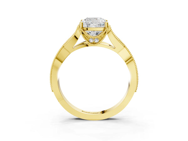 Yellow gold Cushion Cut Cut Diamond Twisted Band with Milgrain Pave Setting and Four-Prong Setting