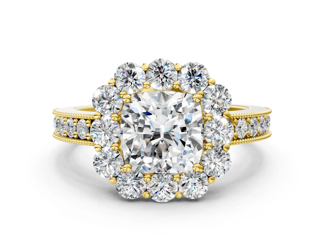 Yellow gold Cushion Cut Cut Halo Diamond Pavé Engagement Ring with Milgrain Detailing_15
