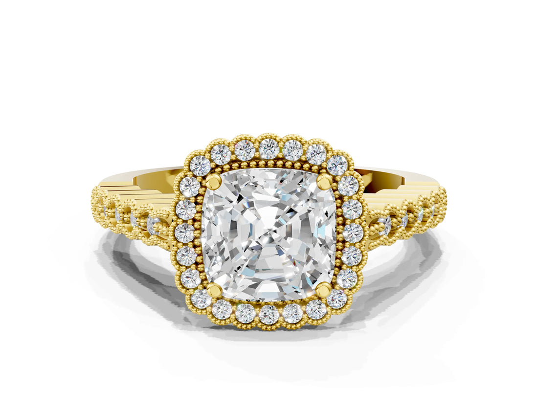 Yellow gold Cushion Cut Cut Halo Pavé Solitaire Ring with Milgrain Band_7