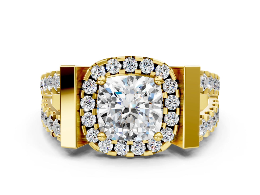 Yellow gold Cushion Cut Cut Halo Split Shank Prong Set Ring_3