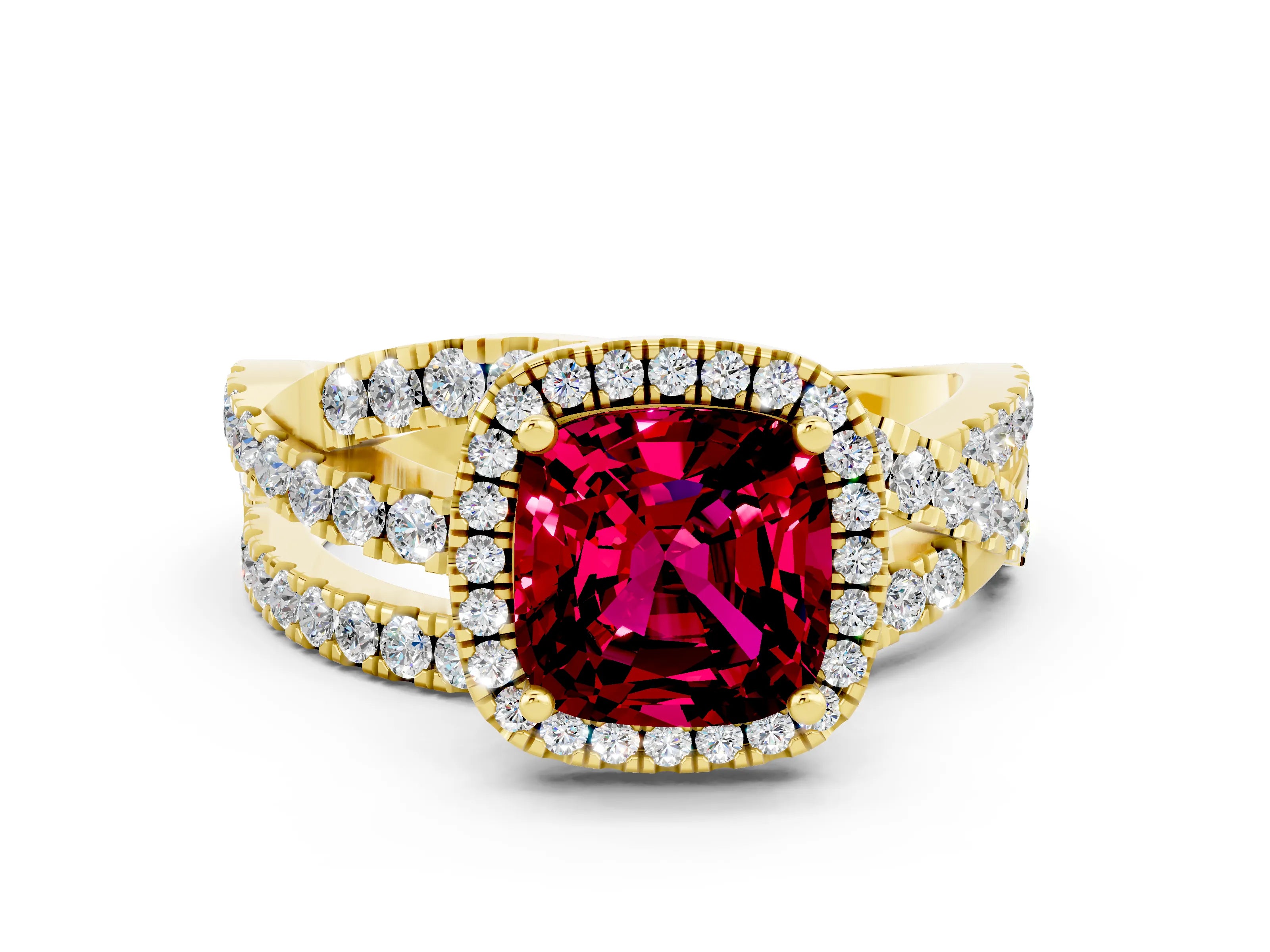 Yellow gold Cushion Cut Cut Halo Split Shank Prong Setting Ring
