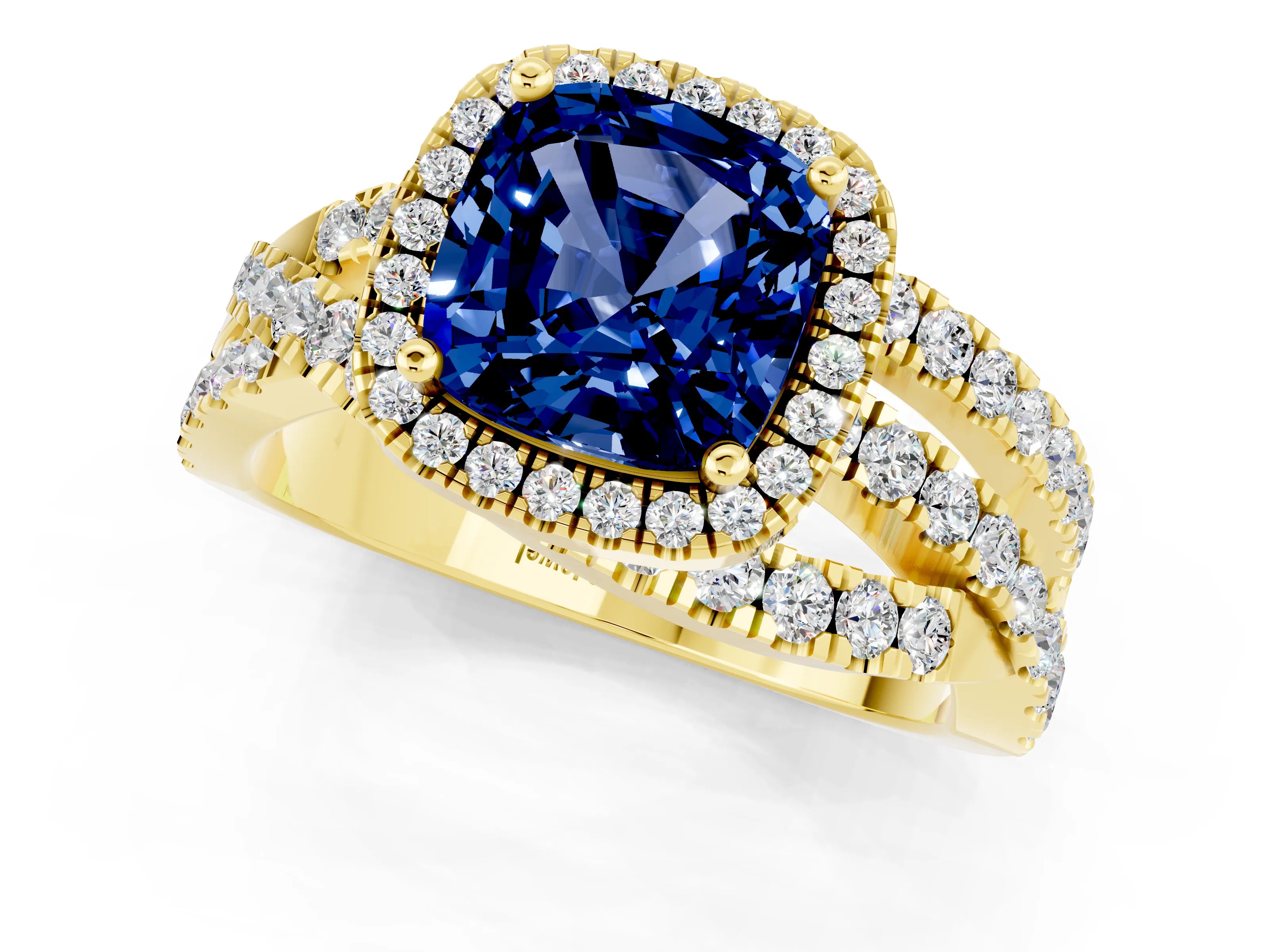 Yellow gold Cushion Cut Cut Halo Split Shank Prong Setting Ring_1