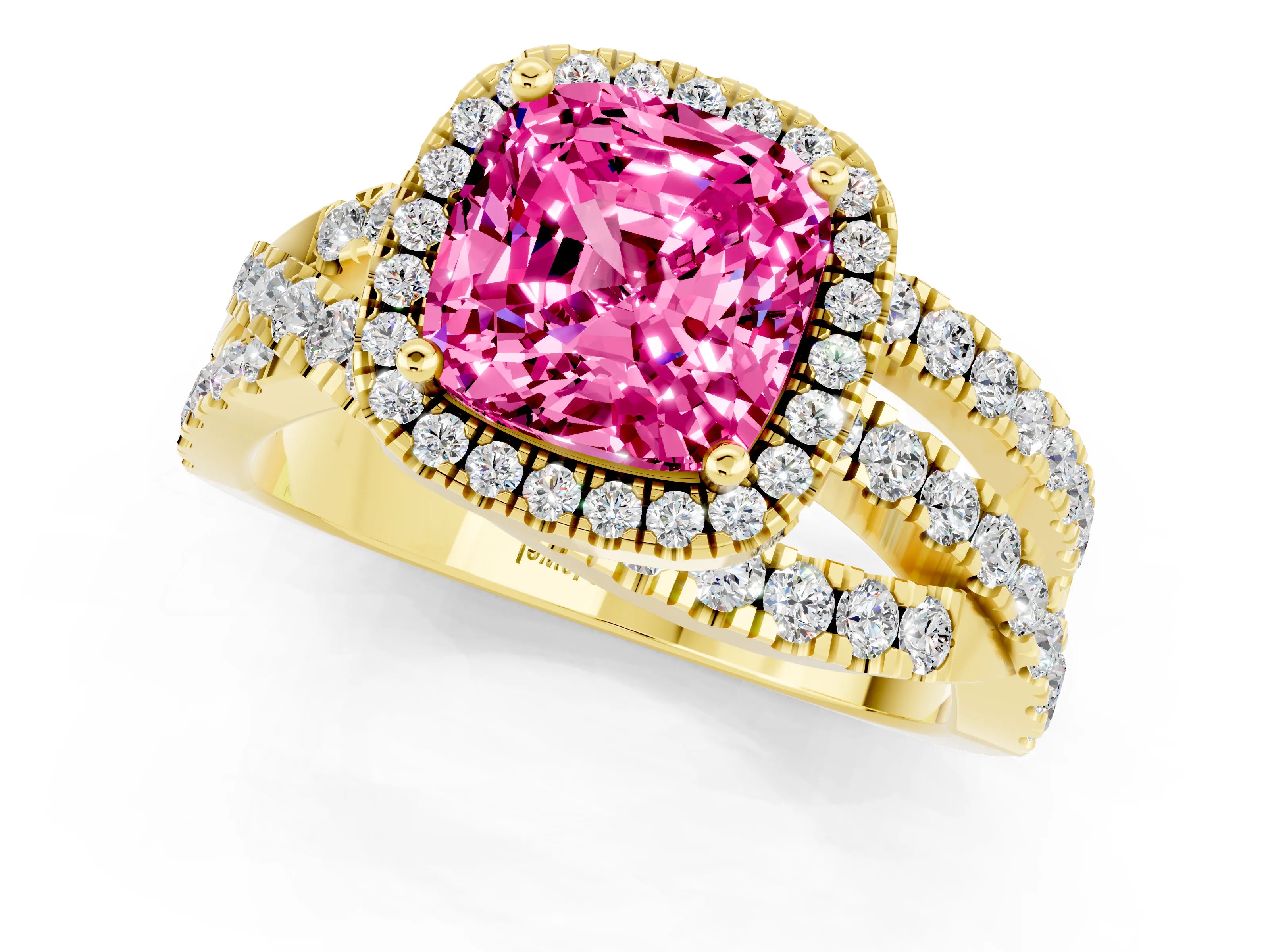 Yellow gold Cushion Cut Cut Halo Split Shank Prong Setting Ring_1